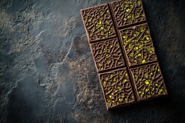 Poster - Delicious cut chocolate dessert with pistachio filling on ornate plate with Arabic designs. Generative AI