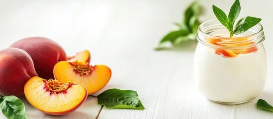 Poster - Fresh peach yogurt with sliced peaches and green leaves on a light wooden surface with copy space for text.