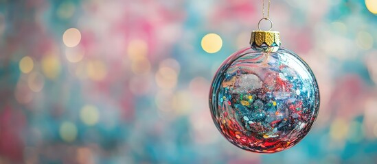 Aufkleber - Close-up of a colorful Christmas ornament hanging with blurred multi-colored background and copy space