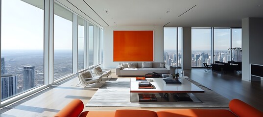 Poster - A sleek urban apartment with modern furnishings, a private balcony, and city skyline views