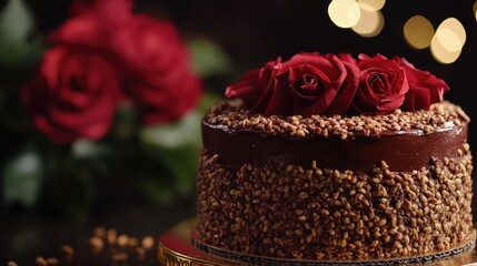 Poster - Chocolate cake decorated with red roses and nuts on a wooden surface with blurred roses and lights in the background Copy Space