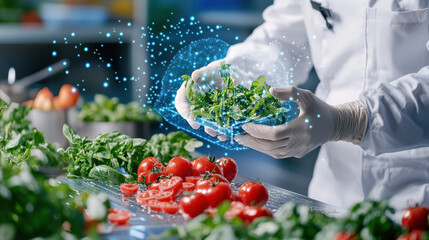 Aufkleber - Futuristic food lab with chef preparing fresh vegetables, showcasing technology in food preparation. vibrant colors and innovative atmosphere create sense of excitement and health