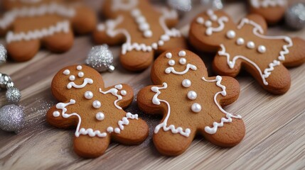 Poster - Gingerbread cookies with decorative icing and edible pearls on a wooden surface with silver ornaments in the background Copy Space