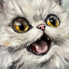 Poster - Fluffy white cat with large yellow eyes and an open-mouthed expression on a textured background Copy Space