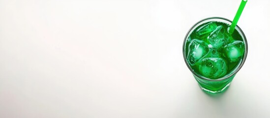 Aufkleber - Green beverage with ice cubes in a glass on a light background with copy space for text