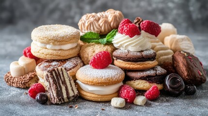 Poster - Assorted cookies and pastries with fresh raspberries and mint leaves on textured grey background Copy Space