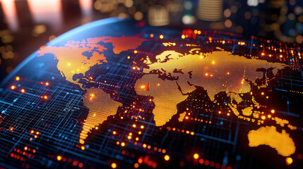 Leinwandbilder - high resolution image of global map with glowing orange lights, representing data connections and networks across continents, set against blurred cityscape background