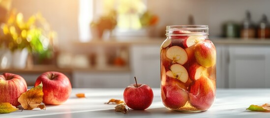 Poster - Jar of preserved apples with fresh apples nearby on a kitchen table with warm sunlight illuminating the scene Copy Space