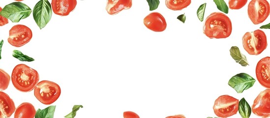 Poster - Sliced cherry tomatoes and fresh basil leaves arranged in a circular pattern with Copy Space for text on a white background