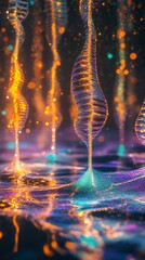 Poster - Abstract glowing strands rising from a shimmering surface with colorful bokeh effect in the background