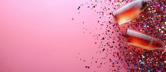 Aufkleber - Glitter and sparkling champagne flutes on a pink background with Copy Space for text placement
