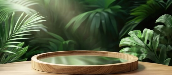 Aufkleber - Wooden round tray on a table with lush tropical foliage in the background and natural light, ideal for product display, Copy Space available