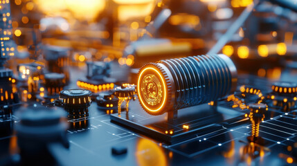 Leinwandbilder - futuristic close up of glowing circuit board with intricate components, showcasing technology and innovation. warm light creates captivating atmosphere