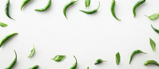 Poster - Green chili peppers and leaves arranged in a circular layout on a white background with copy space for text insertion
