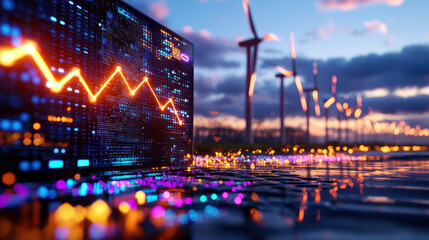 Leinwandbilder - modern digital display shows fluctuating data trends near wind farm at sunset, symbolizing intersection of technology and renewable energy