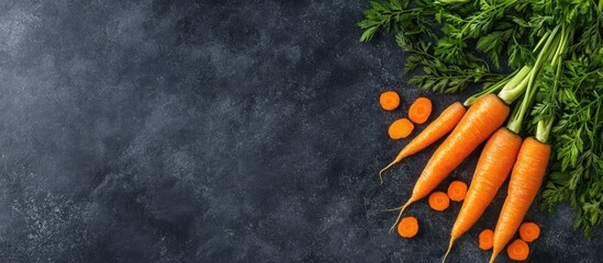 Poster - Fresh organic carrots with green tops and sliced pieces on dark textured background with ample copy space for text.