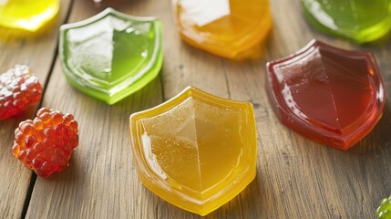 Poster - Colorful gummy candies shaped like shields arranged on a wooden surface with fresh berries and copy space for text
