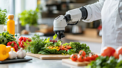 Aufkleber - robotic arm skillfully prepares fresh vegetables in modern kitchen, showcasing technology and culinary art. vibrant colors of produce highlight fusion of innovation and healthy eating