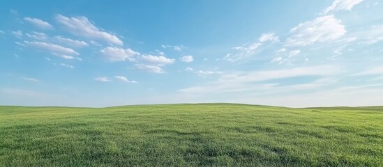 Poster - Vast green grass field under blue sky with white clouds and Copy Space for text placement