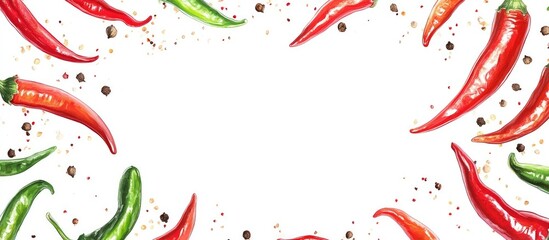 Poster - Red and Green Chili Peppers with Spices on White Background and Copy Space for Text