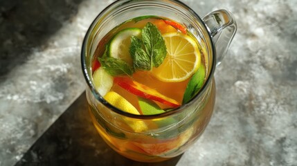 Poster - Refreshing lemonade pitcher with mint, lemon, and colorful fruits on a textured surface with natural light Copy Space