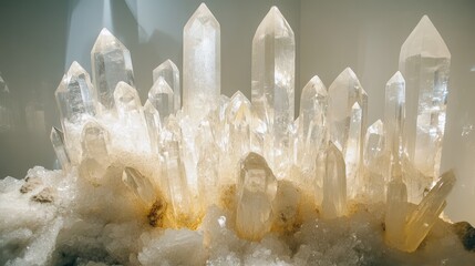 Poster - Clear quartz crystal cluster with various sizes of pointed crystals on a white mineral base with soft lighting and copy space.