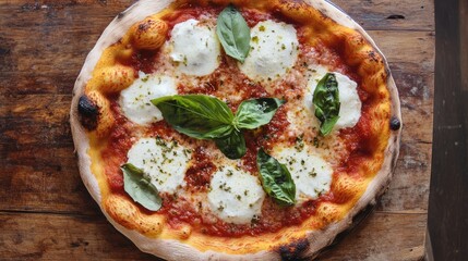 Poster - Margherita pizza topped with fresh basil and mozzarella cheese on a wooden table with rustic background Copy Space