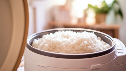 Modern rice cooker with freshly cooked rice. Emphasizing convenience and modern cooking technology. Ideal for appliance advertisements and cooking blogs.