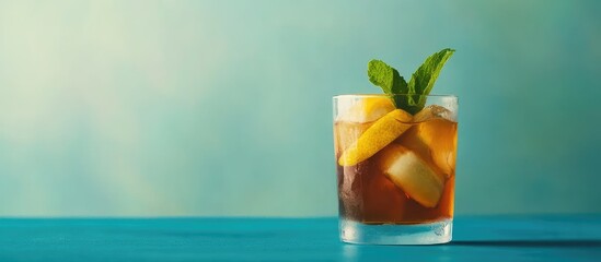 Aufkleber - Refreshing iced drink with tropical fruits and mint leaves in a glass against a soft green background with Copy Space