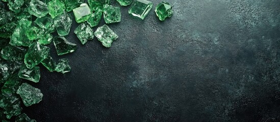 Fototapete - Dark stone surface with green ice cubes scattered along the edge featuring ample copy space for text placement.