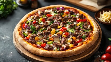 Aufkleber - Delicious freshly baked pizza topped with colorful vegetables and minced meat on wooden board with copy space
