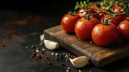 Aufkleber - Fresh ripe cherry tomatoes with garlic cloves and spices on a wooden cutting board with dark background and copy space