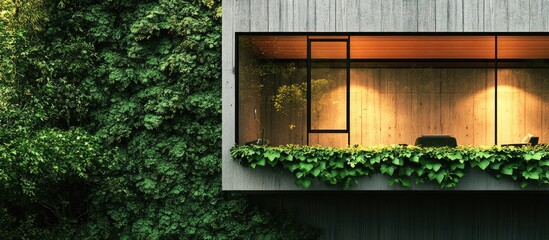 Aufkleber - Modern architectural exterior with large glass windows surrounded by lush greenery and plants showcasing contemporary design and natural elements Copy Space