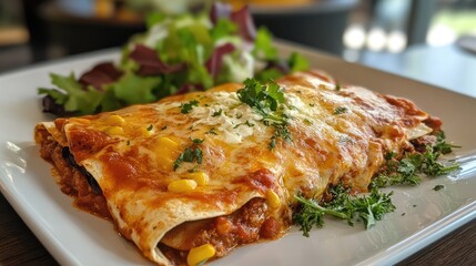 Poster - Delicious baked enchiladas with melted cheese, served with fresh salad and herbs on a white plate Copy Space