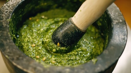 Poster - Pesto sauce preparation in a traditional stone mortar with wooden pestle surrounded by fresh basil and pine nuts Copy Space