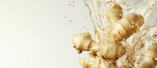 Poster - Ginger roots splashing in water on light background with Copy Space for text placement