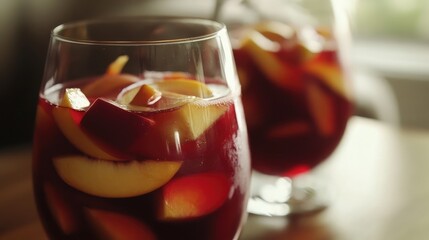 Aufkleber - Refreshing fruit sangria with apple slices in glass on wooden table with natural light Copy Space