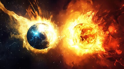 Poster - Futuristic cosmic landscape depicting fiery sun and Earth with vibrant flames and sparks in a galaxy background Copy Space