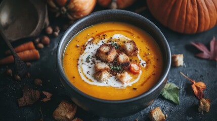Poster - Pumpkin soup with croutons and cream served in a black bowl surrounded by autumn leaves and decorative pumpkins Copy Space