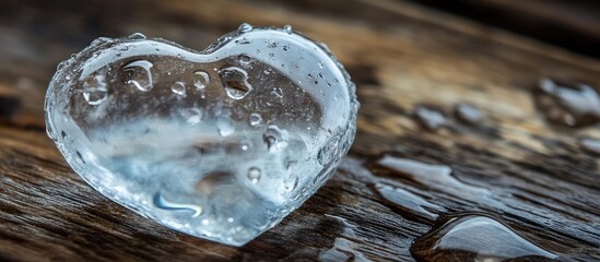 Aufkleber - Heart-shaped ice cube on wooden surface with droplets of water, textured background, Copy Space available for text placement.
