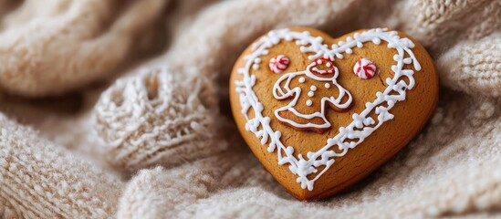 Poster - Gingerbread heart shaped cookie decorated with icing placed on a knitted background with Copy Space for text.