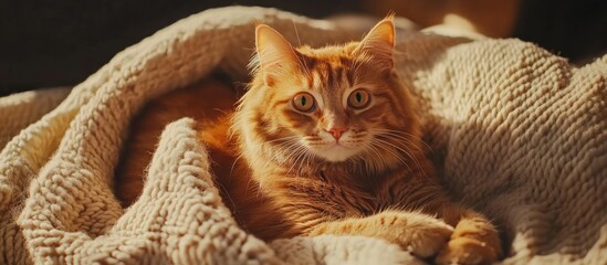 Poster - Orange cat resting on a soft knitted blanket with natural lighting and focus on the eyes Copy Space