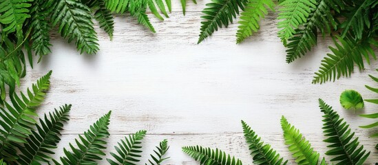 Poster - Lush green fern leaves arranged on a white wooden background with ample copy space for text or design elements.