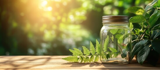 Poster - Glass jar containing ferns on wooden surface with soft sunlight and green foliage in the background Copy Space