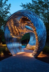 Poster - Stunning Modern Sculpture with Illuminated Pathway Surrounded by Lush Greenery at Twilight, Showcasing Artistic Wave Design Captured in a Serene Outdoor Setting