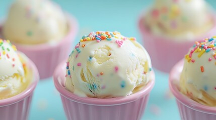Aufkleber - Colorful ice cream scoops with sprinkles in pink bowls on a turquoise background Copy Space