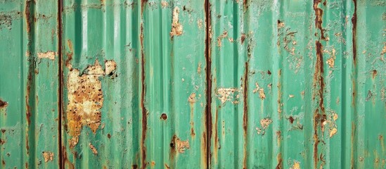 Poster - Rusty green corrugated metal texture with chipping paint and weathered surface details ideal for background or overlay use Copy Space