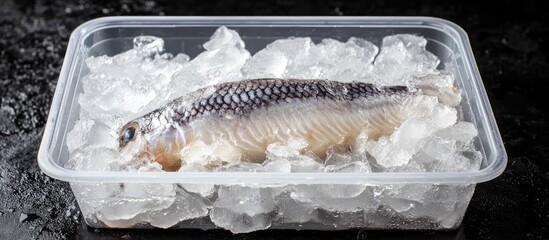 Poster - Fresh fish on ice in a clear container ready for sale or preparation with a dark background and copy space.