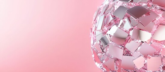 Poster - Pink disco ball with mirrored tiles on a soft pink background and copy space for text.