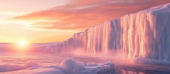 Aufkleber - Icy glacier at sunset with pink and orange hues reflected on icy surface Copy Space